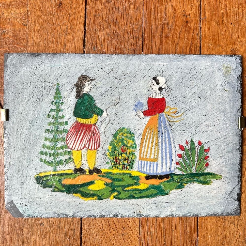 Vintage French Hand-Painted Folk Art Roof Slate with Vibrant Colors Rustic